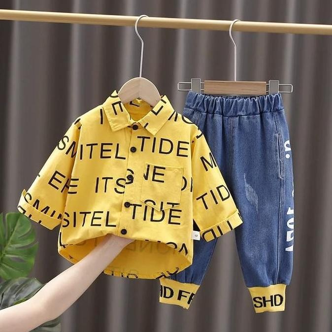 Grosir [Brandedbaby] 1T-5T Setelan Kemeja Anak Laki-Laki Lengan Panjang 2-In-1 Set Jeans / Baju Anak