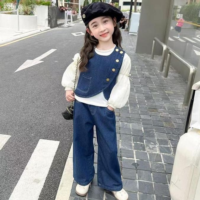 Murah Ssp3-Setelan One Set 3In1 Fashion Anak Perempuan Blouse Rompi Celana Jeans Kulot
