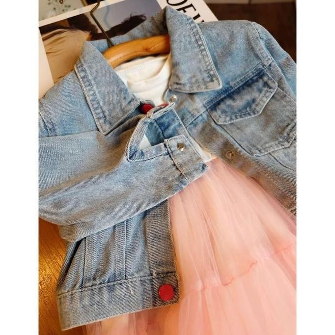 Sale Setelan Dress Anak Perempuan Import Variasi Jaket Jeans Rabbit Bordir Punggung Shiffon Collor