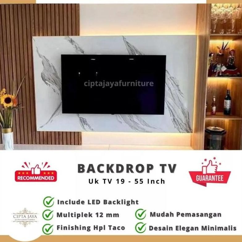 Produk Baru Rak TV Tempel Dinding + Backdrop + LED - Rak Buvet TV Minimalis