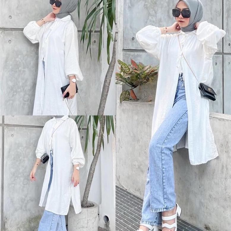 Outer Wanita Polo Linen Premium Lengan Balon Tali Depan AST