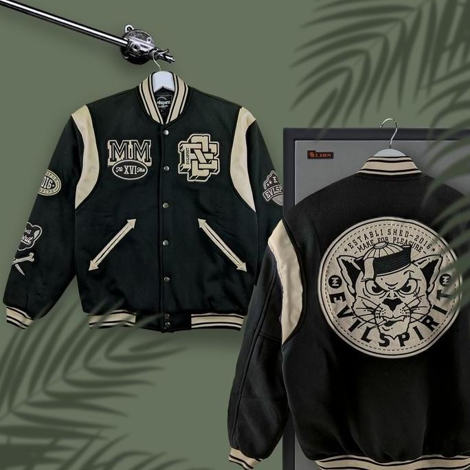 Evilspirit Varsity Jacket - Keytaro Black Unisex Pria Jaket Hitam Baseball Cowok Sweater Casual Flee