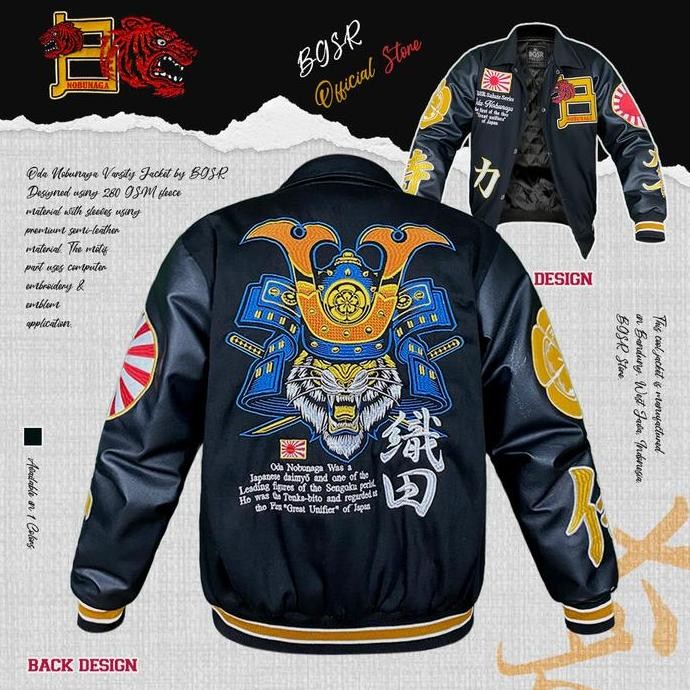 Jaket Varsity Oda Nobunaga Pria Wanita Jacket Vintage Windbreaker Baseball Bordir Tebal Lengan Kulit