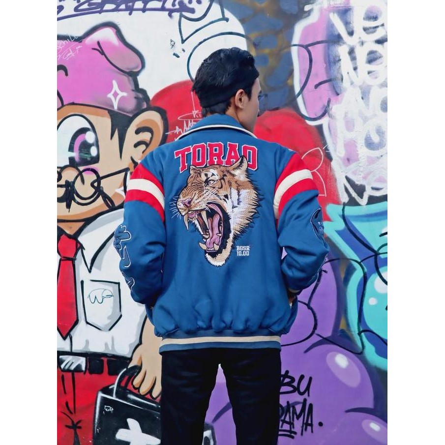 Bgsr Jacket Varsity Footballart Jaket Baseball Pria Kerah Premium Tebal Full Bordir Biru Macan Torao