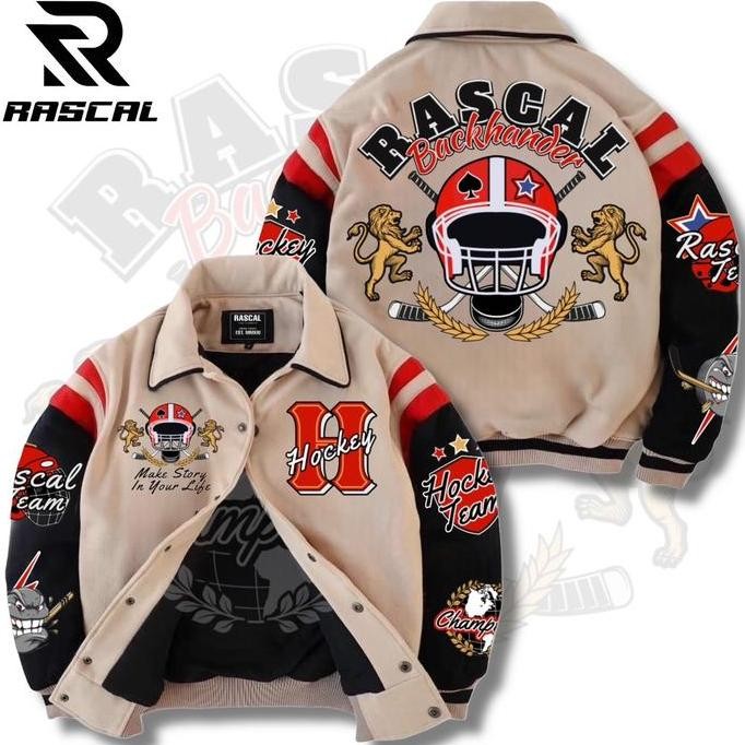 Rascal Jaket Vintage Varsity Hockey Team Unisex Pria Dan Wanita High Premium Quality Full Bordier To