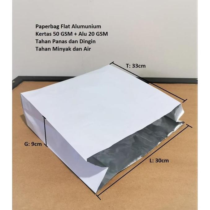 

Paperbag Flat Alumunium 30x9x33cm Tahan Panas, Dingin, Minyak, Air.
