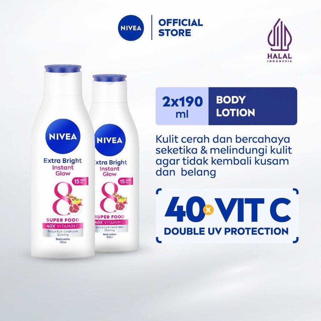(PAKET HEMAT ISI 2) NIVEA Body Lotion Extra Bright Instant Glow SPF15 190ml - Hand body lotion moist
