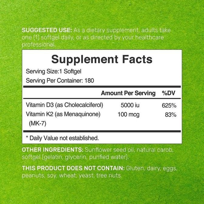 TERLARIS - Deal Supplement Vitamin D3 K2  2-1 Complex, Vitamin D3 5000 IU & Vitamin K2 MK7 - 180 & 2