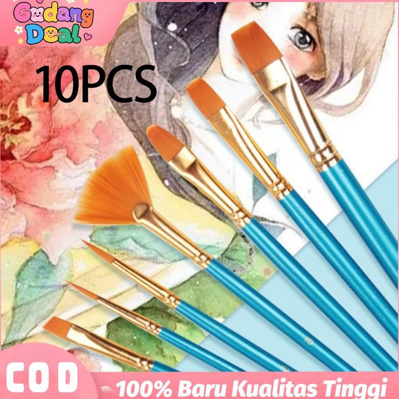 

baru set kuas lukis 10pcs nylon flat & runcing - brush set untuk cat acrylic, oil & watercolor