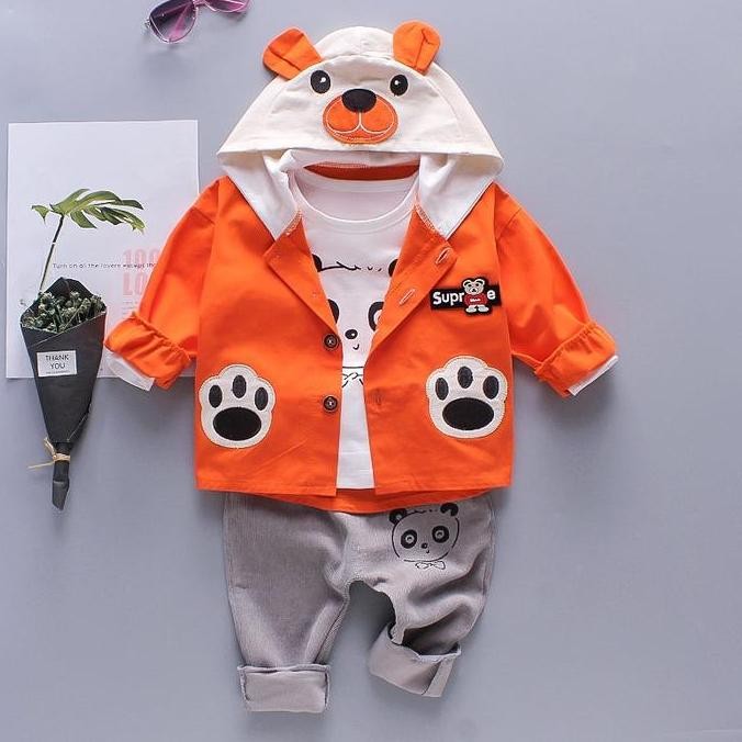 Setelan Jaket Set 3in1 Anak Laki Laki Model Beruang Superbear Import 6 Bulan - 5 Tahun Katun Bayi [t