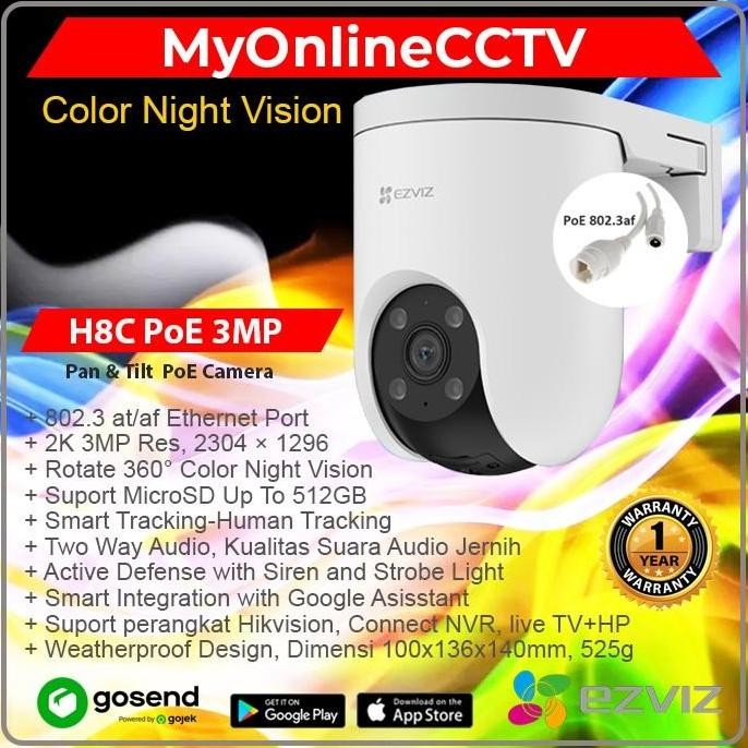 PAKET SMART CCTV 8 NVR 8CH IP CAMERA EZVIZ HIKVISION POE 3MP COLORVU PANT & TILT 2 WAY AUDIO SIAP PA