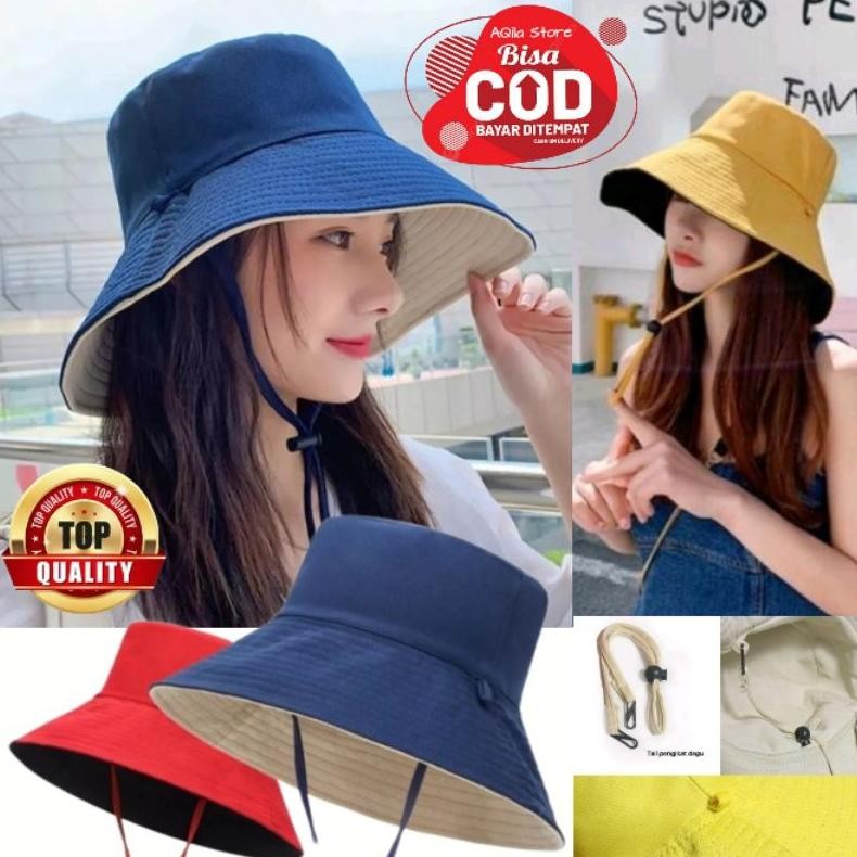 Topi Bucket Wide Wanita Bertali Bucket Dewasa Bertali Bolak Balik 2 Warna MURAH