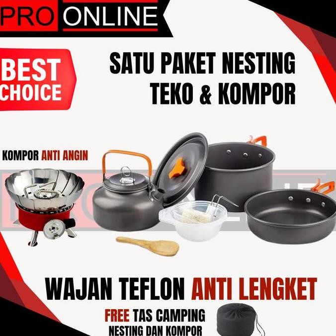 Nesting Teko & Kompor Windproof Kemping Gunung Cooking Set Camping Kualitas Premium