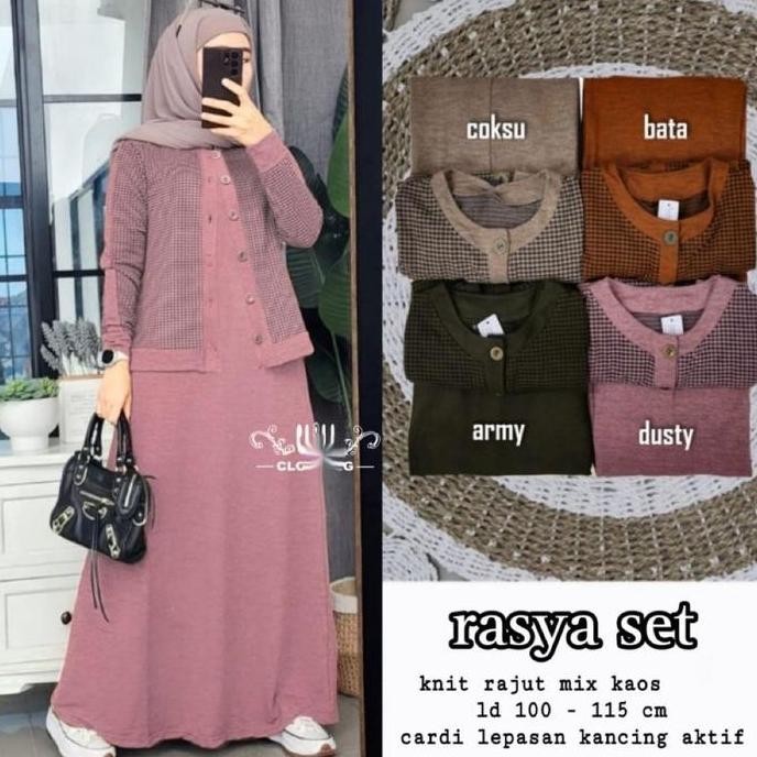 Rasya Set Wanita / Gamis Set / Baju Muslim Kancing Dress  Cardigan Kotak Lembut Nyaman Setelan Panja