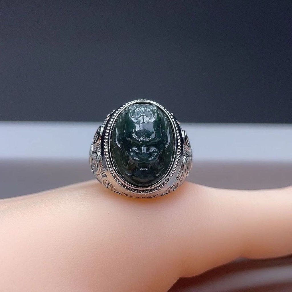 Cincin Perak Kepala Naga Jade Alami Qing Jade Cincin Pria Kepala Naga Perak Jade Hetian Cincin Jade 