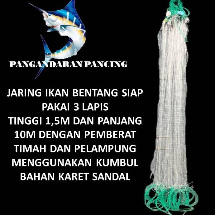 Jaring ikan siap pakai 3 lapis tinggi 1,5m panjang 10m Jaring Ikan Bentang NI2
