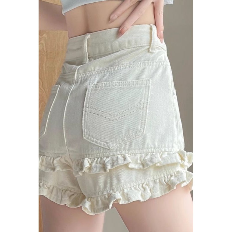 White Denim Shorts with Lace Trim Thin High-Waisted A-Line Straight Hot Pants