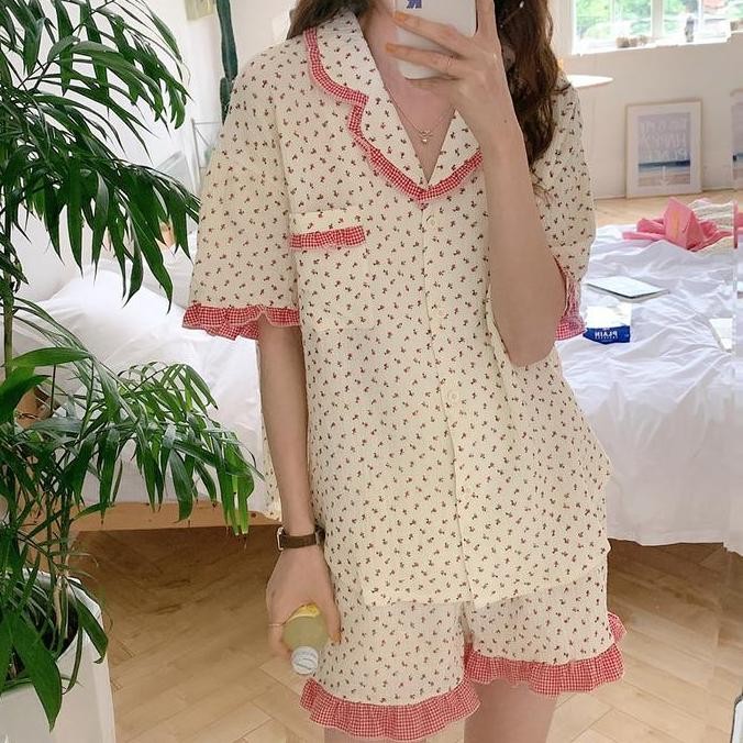 Nari Sleepwear Merah Baju Tidur Wanita Dewasa Lengan Pendek Celana Pendek Motif Bunga Renda Piyama I