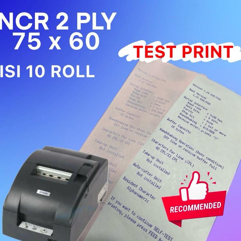 

JH8 KERTAS KASIR ROLL Putih Merah NCR 2PLY 75x60 isi10roll Cocok untuk printer kasir Dot Matrix 75mm