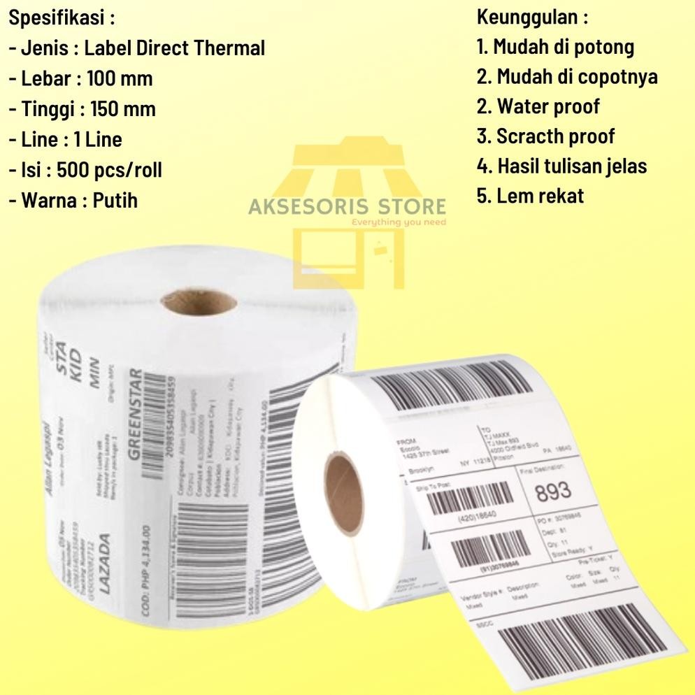 

JH8 KERTAS THERMAL LABEL STICKER 100X150 500PCS ROLL UKURAN A6 RESI BARCODE