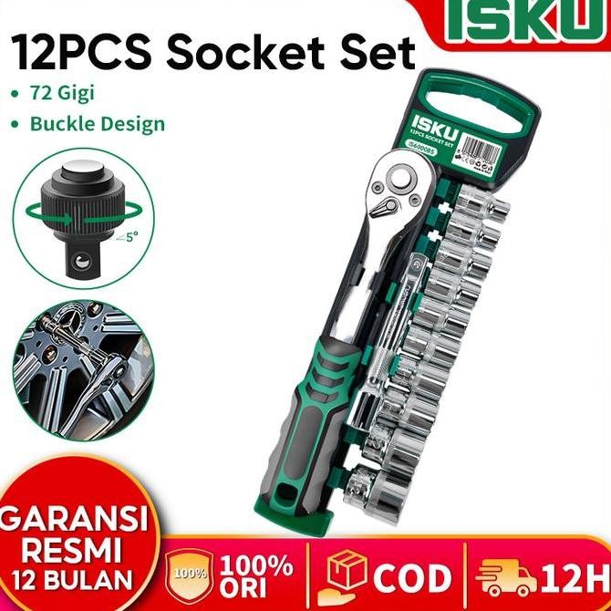 ISKU Kunci Sok Set CR-V 12 PCS Kunci Sok Wrench 1/2" Rachet Kunci Set