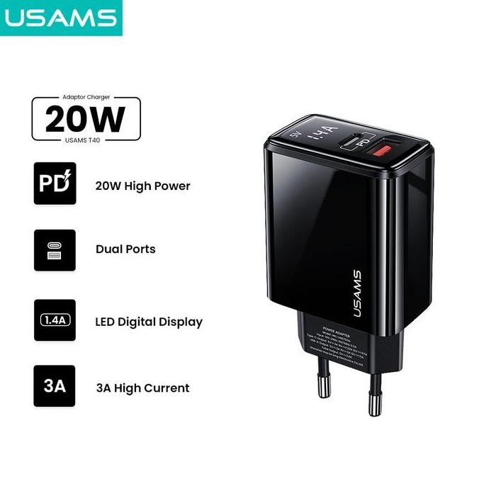 Usams T40 Adapter Charger Fast Charge Digital Display Qc3.0 Pd 20W