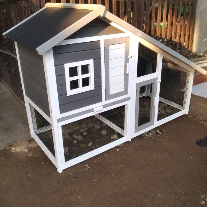 KANDANG KELINCI RUMAH OUTDOOR KAYU 2 SUSUN TANGGA