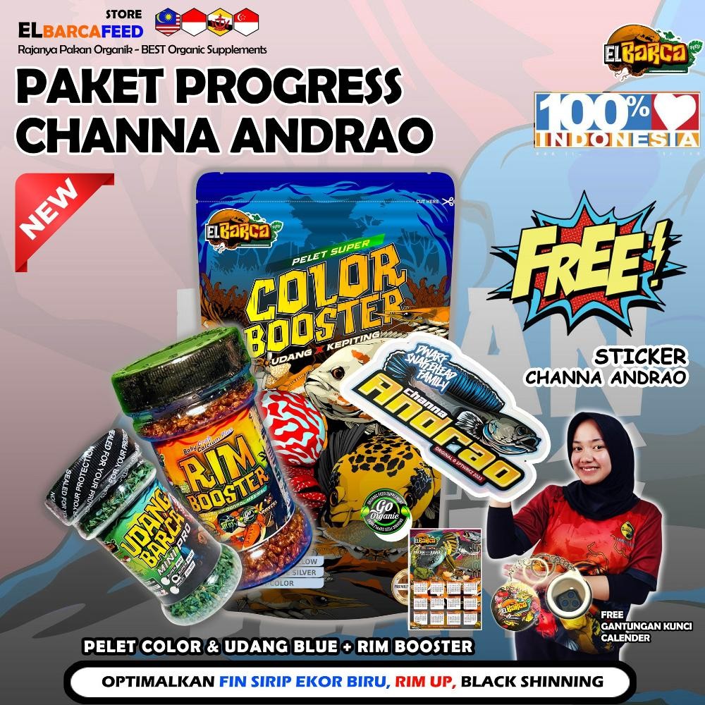 PAKET PAKAN PELET CHANNA ANDRAO Optimalkan warna High FIN Biru Blue Booster + Free Sticker Channa AS