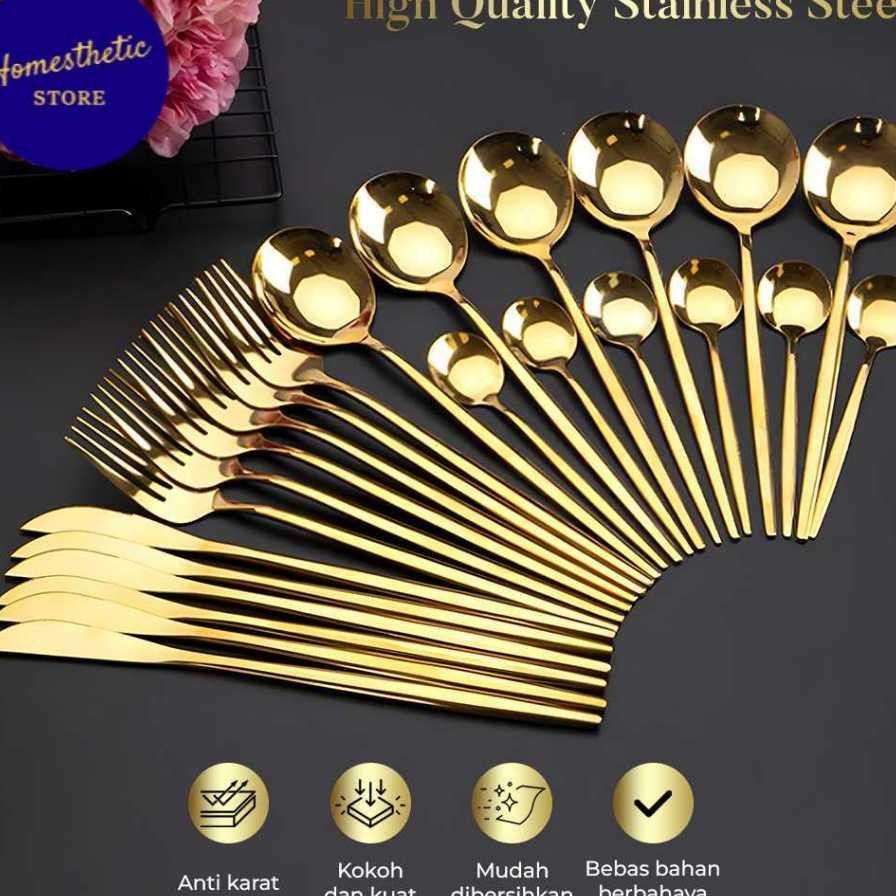 Set Alat Makan Sendok Gau Cutlery Western Style Korea Mewah Cutlery Set 24 Pcs Warna Gold Hh Quality