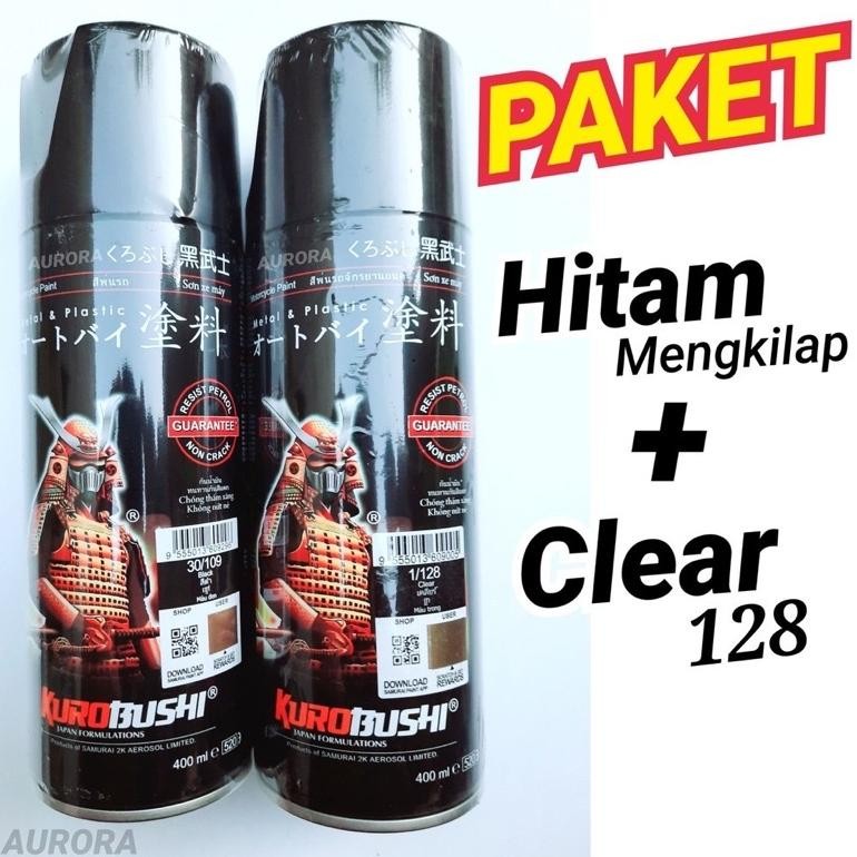 gioo paket samurai black 109 hitam mengkilap + clear 128 pilok tahan bensin pylox semprot spray sepe