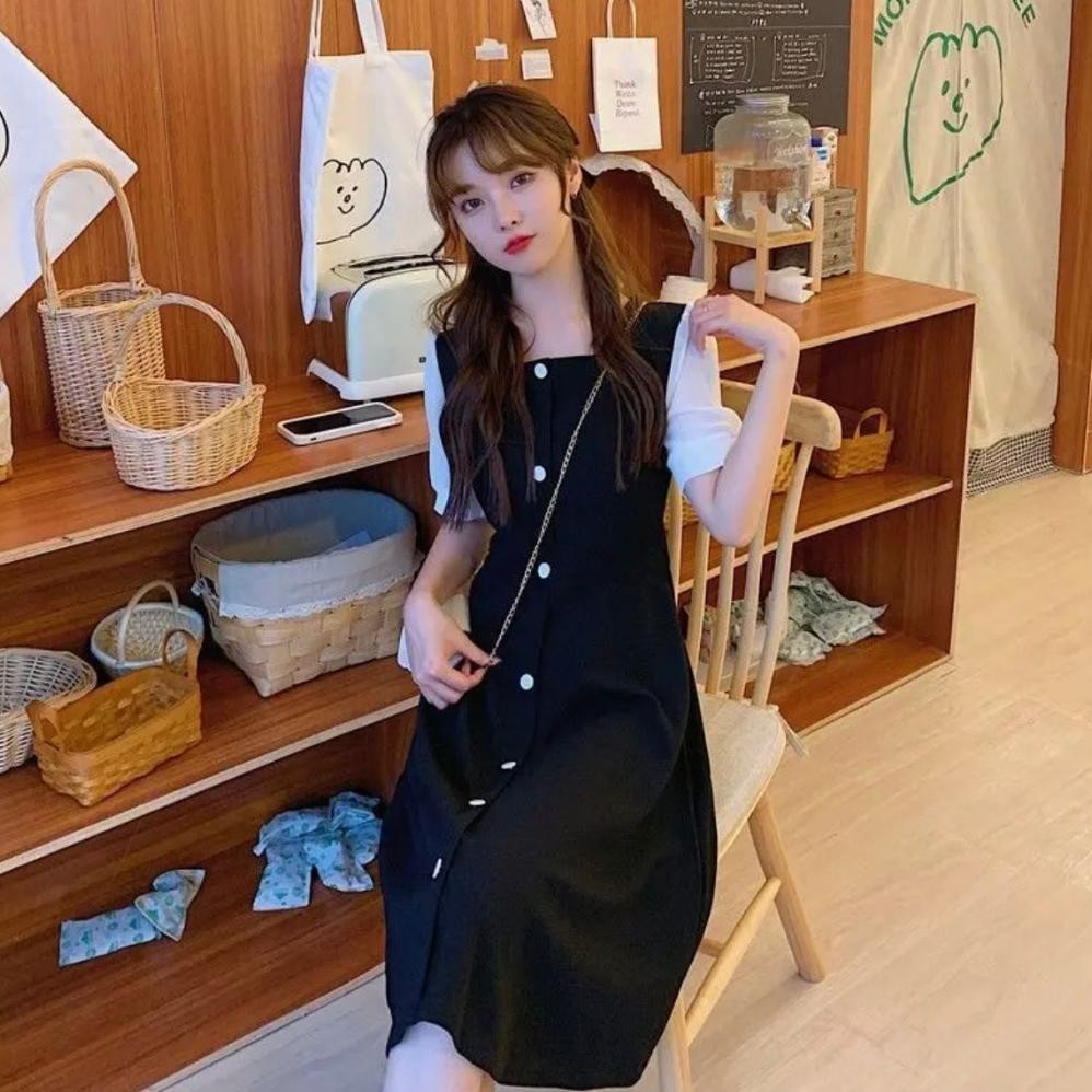 Dres Wanita Korean Style Lengan Putih Kombinas / Gaun Wanita Kekinian Full Kancing Aktif