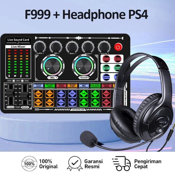 F999+EARPHONES LIVE SOUND CARD LIVE MIXER PERIFERAL KOMPUTER UNTUK AUDIO KARTU SUARA KARAOKE LANGSUN