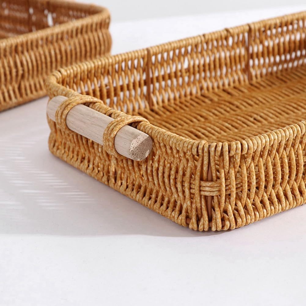 Keranjang Buah dan Roti Bahan Rotan Desain Aesthetic dengan Gagang Kayu Fruit Tray Basket 30x20cm