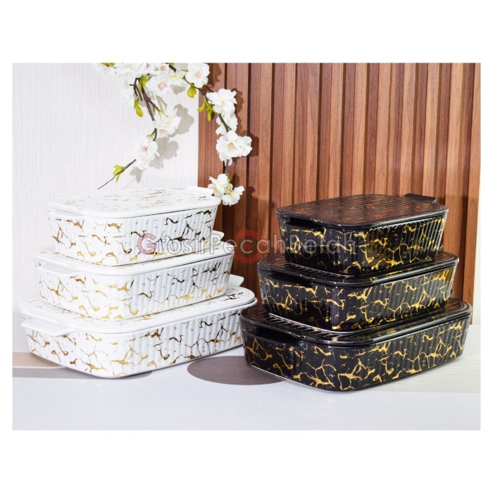 3 Pcs Wadah Saji Casserole Basi Segi Keramik Motif Marble Fiorenza 975