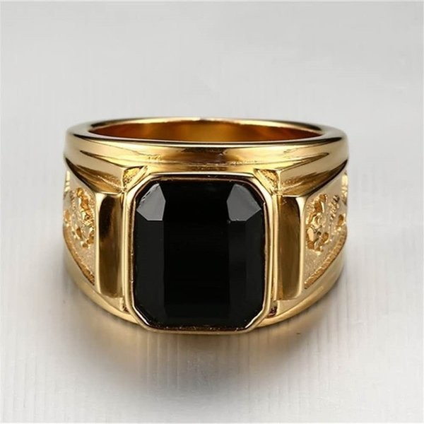 Cincin Batu Zircon Hitam - Black Gold Signet Synthetic Rhinestones Bold Statement Ring / Aksesoris P