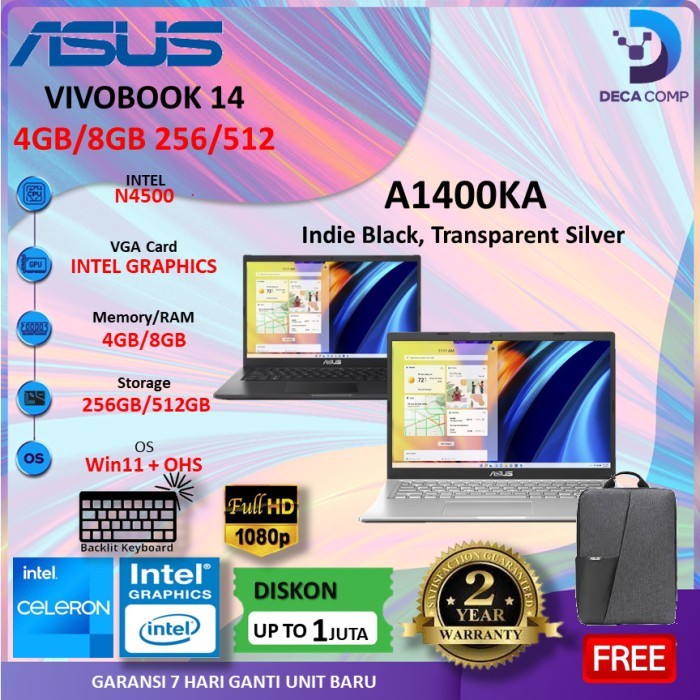Laptop Asus Vivobook 14 A1400Ka N4050 4Gb 256Ssd W11 Ohs 14.0Fhd/A416Mao N4020