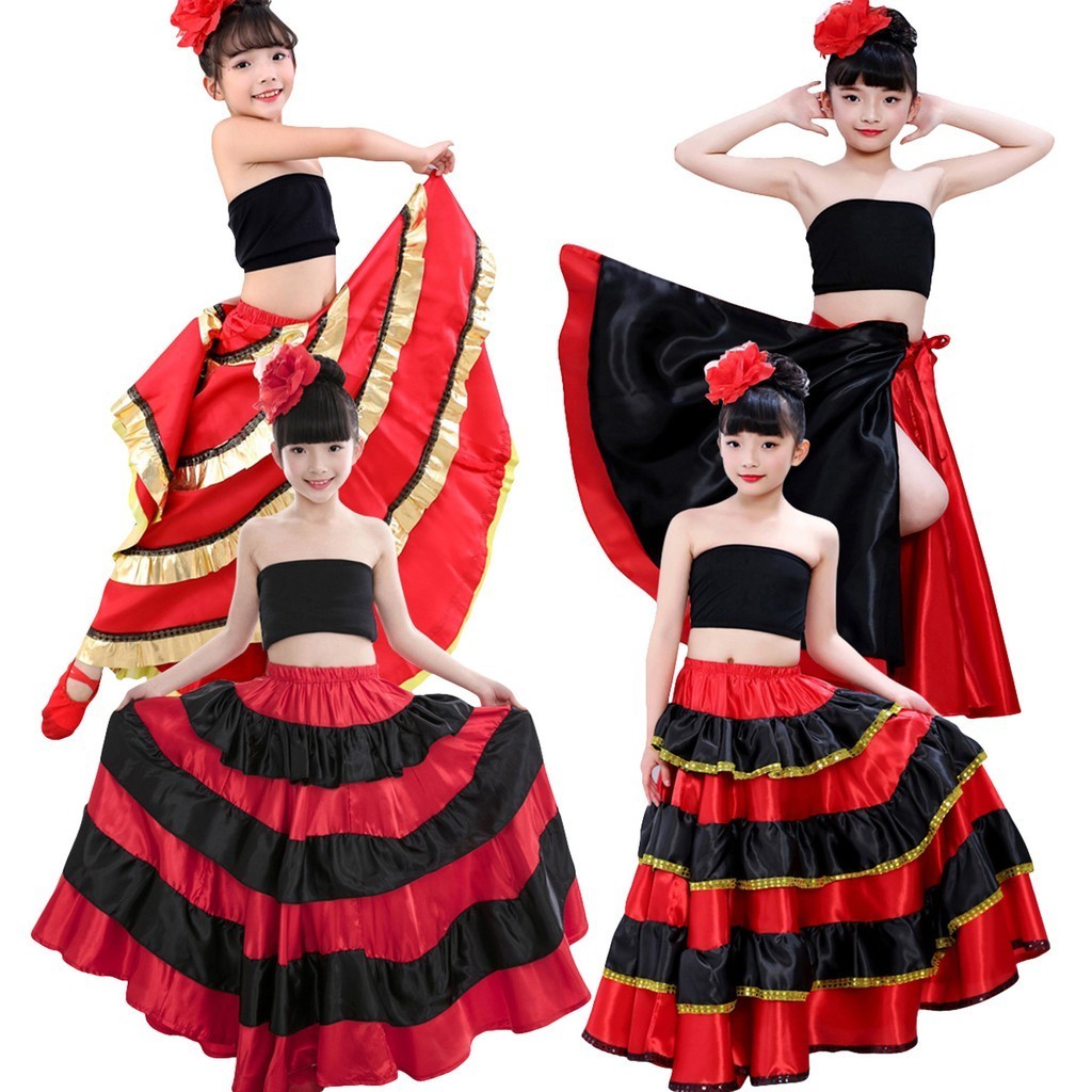Anak Perempuan Merah Spanyol Flamenco Belly Dance Dress Kostum Perserikatan Bangsa-Bangsa Spanyol La