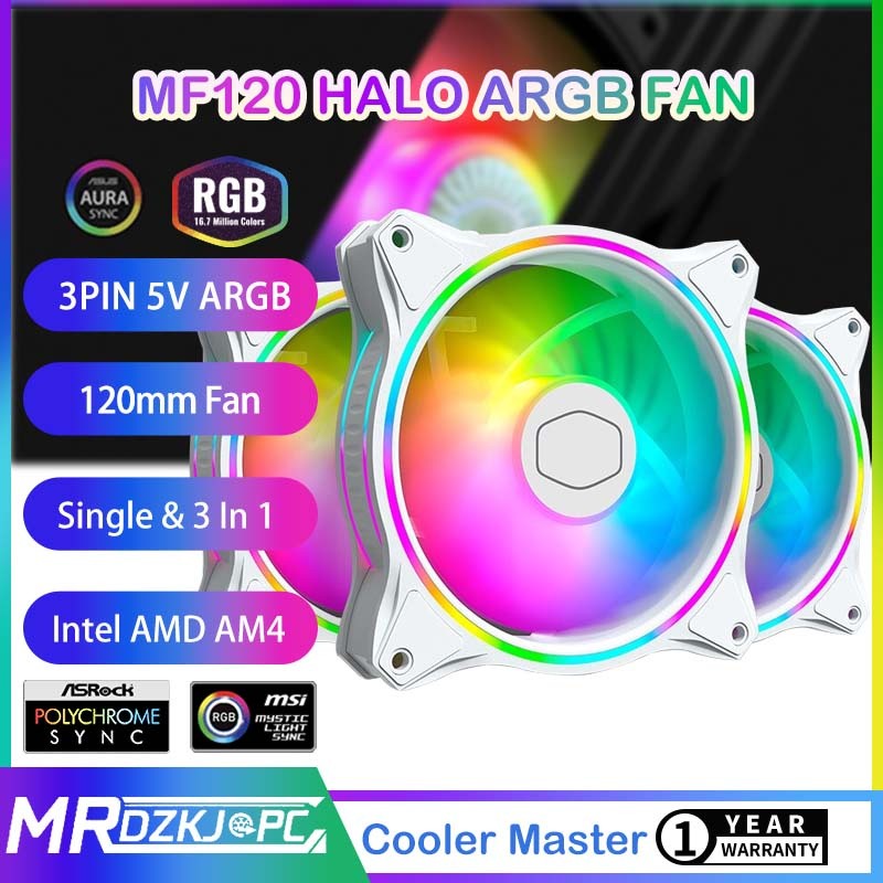 Cooler Master MF120 Halo ARGB 120mm Putih Kipas Casing Tunggal/3 in 1 Pendingin CPU Komputer Multila