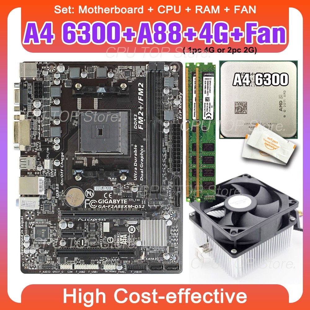 ⚡️Bundle：A88 FM2/FM2+ Motherboard + AMD A4-5300 A4-6300 A6-6400K A6-7400K FM2 FM2+ CPU + DDR3 4G RAM