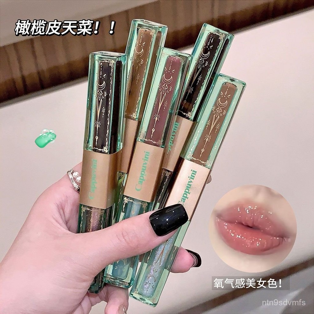 Lipstik Shimmer Non-Fade, Bibir Kilau Air, Warna Peach-Ungu, Double Ujung