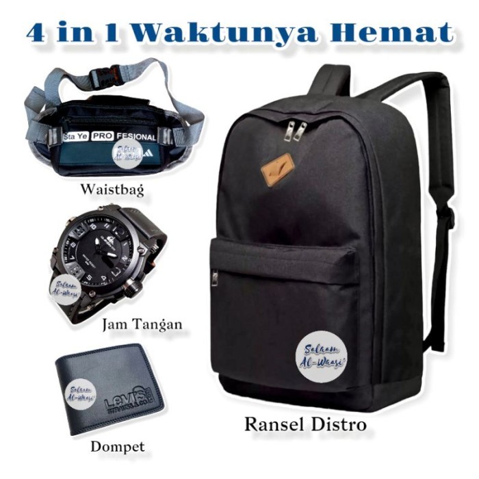 

TERLARIS PAKET SUPER HEMAT 4 IN 1 TAS RANSEL + WAISTBAG + JAM TANGAN KASUAL TALI SEMI KULIT & DOMPET