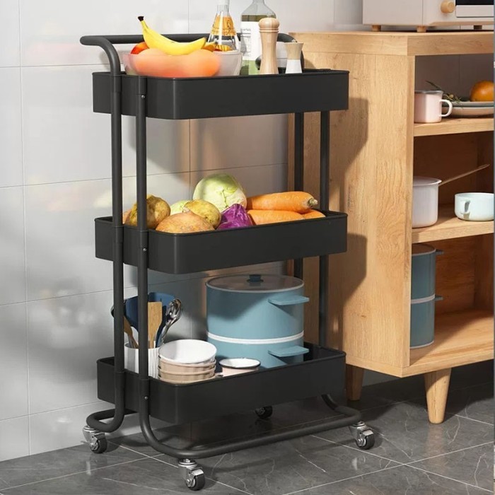 HITAM RAK RODA SUSUN 3 KERANJANG TROLI DAPUR KAMAR SALON MEJA SNACK