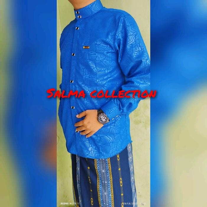 Kemeja Koko Sultan Dewasa Embos Premium Biru Benhur Muslim Baju Kantong Asli 100%