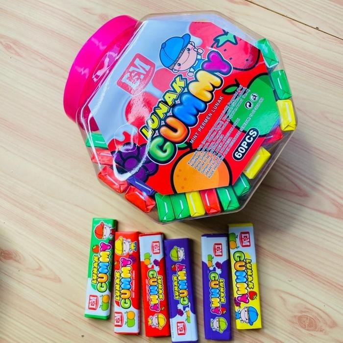 

terbaru !!! permen lunak gummy toples isi 60 pcs - permen bubble gum - permen karet halal ready