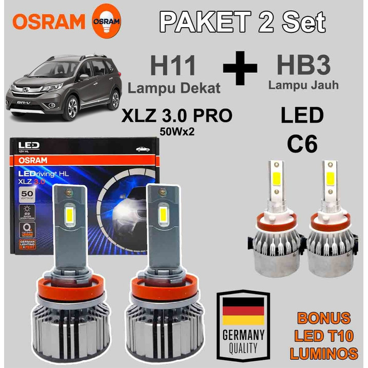 Paket Lampu LED BRV BR-V H11 OSRAM XLZ + LED C6 HB3 9005 6000K