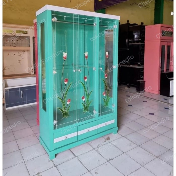 Lemari Pakaian Gamis 3 Pintu Gantungan Kaca Kayu Promo
