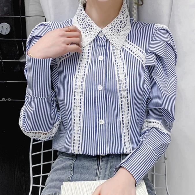 Gioberta Puff Sleeve Striped Shirt Kemeja Wanita Import TM 2383 Terlaris