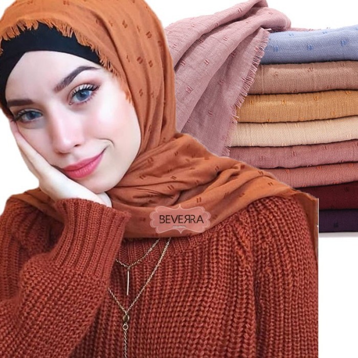 PASHMINA RAWIS TEPI KUSUT CRINKLE KATUN POMPOM KERUDUNG MOTIF TIMBUL