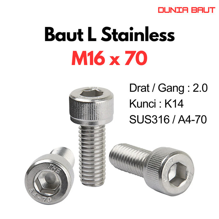 SS316 Baut L Stainless M16X70 / 16X70 / M16 X 70 / 16 X 70 Full Drat SUS316 / A4-70