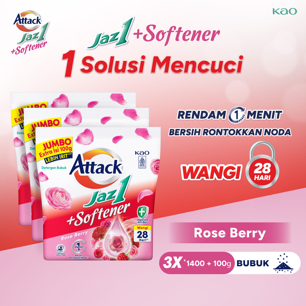 Attack Jaz1 Deterjen Bubuk + Softener Rose Berry 1400+100gr Triplepack